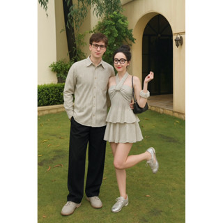   Tặng kẹp hoa sứ xinh  Set bộ đôi cotton linen: nữ áo chéo ngực + Chân váy + tay đeo rời và Áo sơmi nam tay dài 