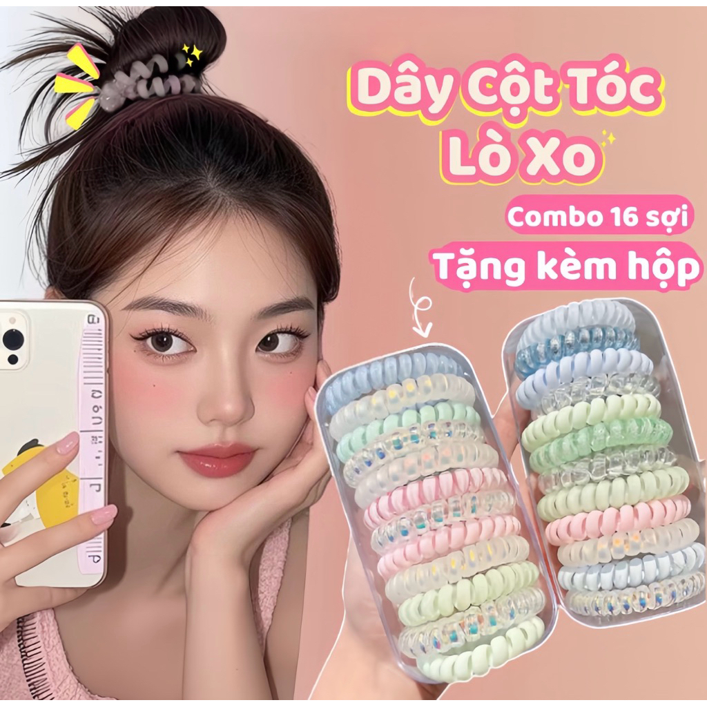 [Tặng Hộp ]Combo 16 dây cột tóc lò xo mix 4 màu paster đáng yêu