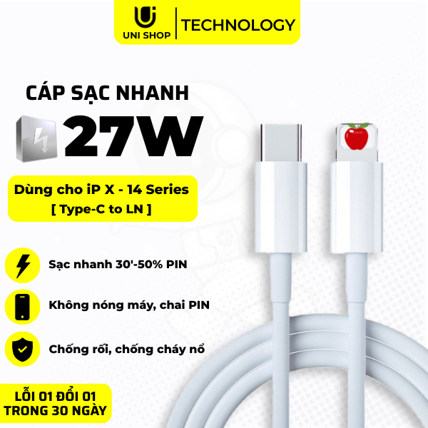 Dây Cáp Sạc Nhanh 20W Type C to LN  Chống Đứt Rối, Dây Sạc Điện Thoại Thông Minh Cho ip Bảo Hành 12 Tháng Uni Shop