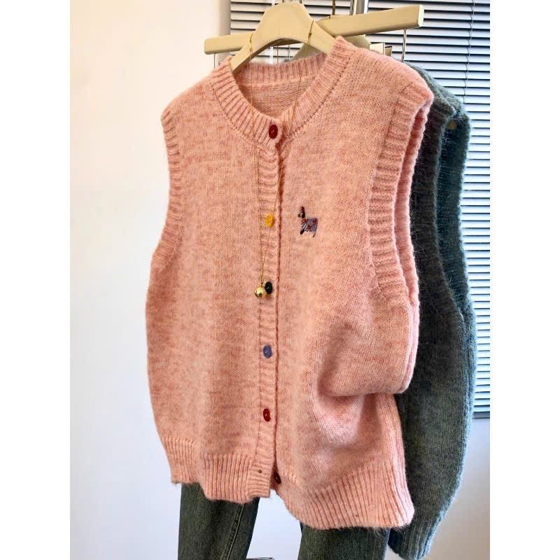 [SẴN] Áo gile len cổ tròn phối cúc nhiều màu xinh xắn, áo len nữ không tay họa tiết thêu basic - 083 | BigBuy360 - bigbuy360.vn