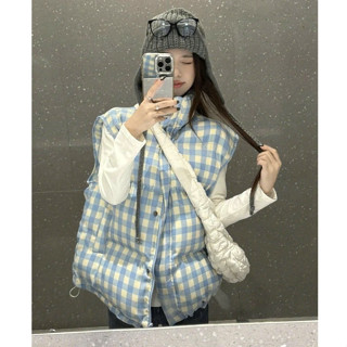   SẴN  Áo khoác phao gile nữ kẻ caro xanh cổ cao phong cách trẻ trung năng động siêu xinh - 100 