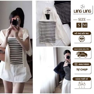  Set 2 Món Len Dệt Kim Sọc Ngang Nữ Áo Khoác Cardigan Áo Quây Ống Croptop Form Rộng Thiết Kế Sang Chảnh - LIING 