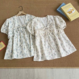  Áo babydoll in hoa thô boil thêu hoạ tiết cổ V áo kiểu phối nhún tay bồng form rộng Salavi N7 006 