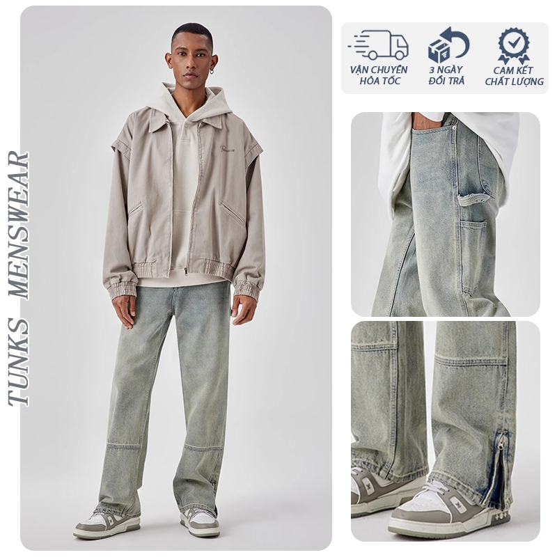 Quần Jeans Nam Thiết kế dây kéo của chân baggy xanh nhạt túi đa năng cạp cao Quần jeans thời trang n