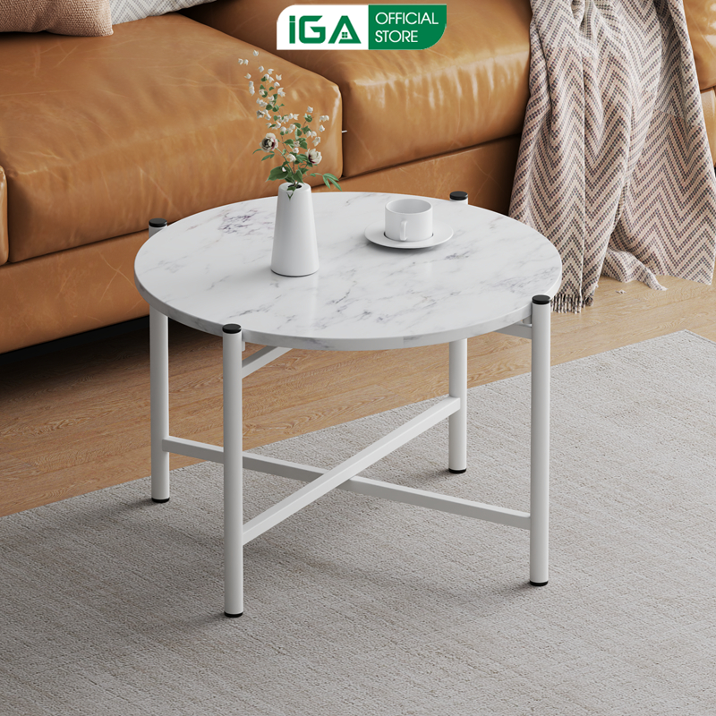 Bàn trà hình tròn vân đá khung sắt thương hiệu IGA - GM15