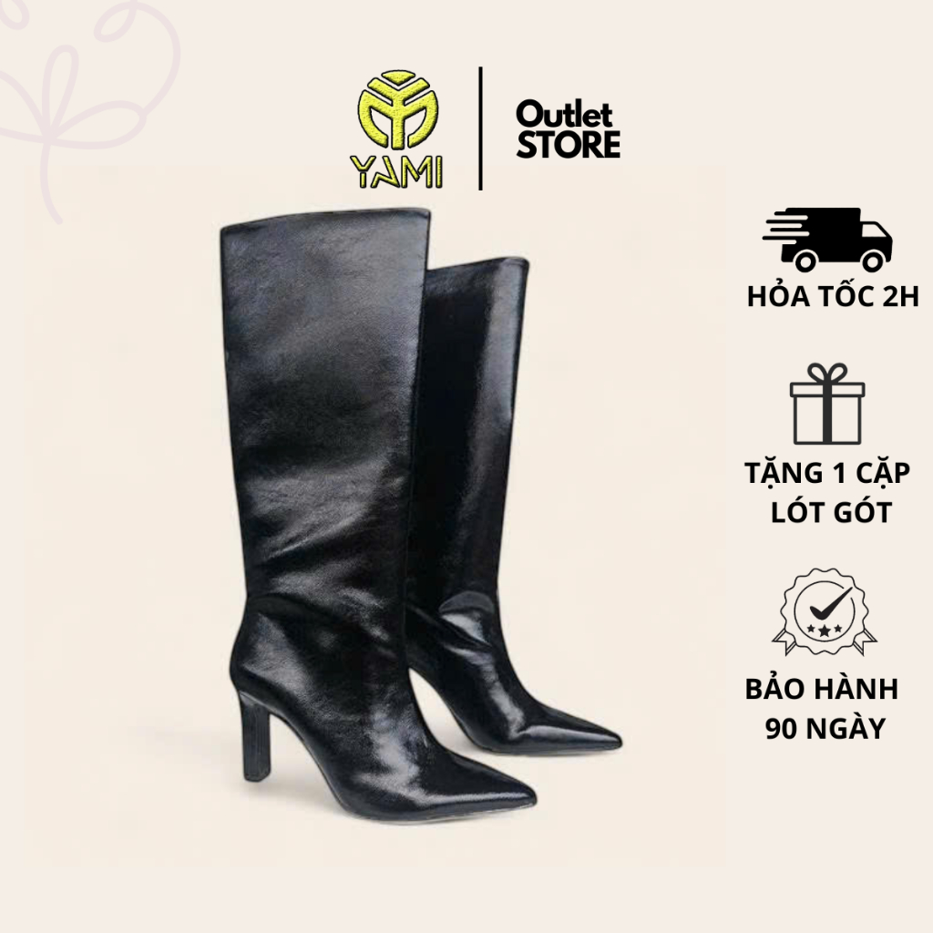 Bốt Ống Cao Gót Mũi Nhọn, Boot Ống Đứng Đến Đầu Gối Mũi Nhọn Gót Thon 9 Phân Da Bóng Màu Đen, Bốt Xuất Xịn YAMI