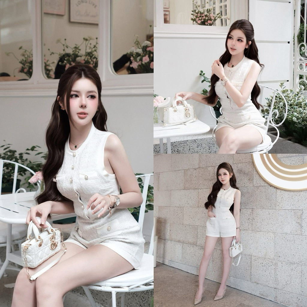 (HÀNG CHUẨN MPB) Auth MPB jumpsuit dạ trắng cúc bản to