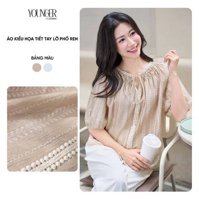 Áo kiểu nữ YOUNGER BY CARDINA vải tơ họa tiết tay lỡ phối ren 5YAKL01