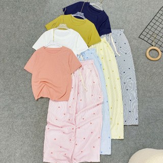  Bộ Bigsize Nữ Basic Áo Thun Cổ Tròn Ngắn Tay Kèm Quần Dài Xuôn Kẻ Sọc Họa Tiết Tym Xinh - SET G244-Q566  