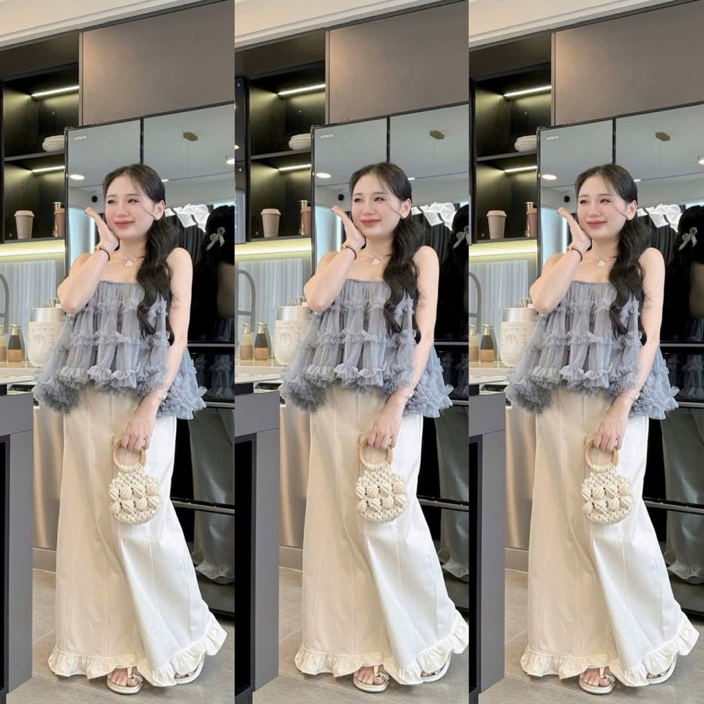 L702- Set bộ áo 2 dây lưới bèo for babydoll 2 lớp xòe to phối quần suông dài rộng chất đũi bánh bèo,