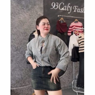   BIGSIZE  Áo Khoác Bò Dài Tay Nữ Cổ Tàu Có Dây Rút áo khoác nữ jean dáng lửng dáng rộng năng động 