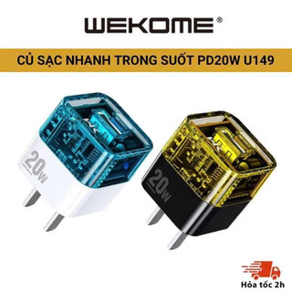 Củ sạc nhanh 2 cổng USB và Type C Wekome U149 trong suốt, sạc nhanh QC 18W Max và PD 20W Max