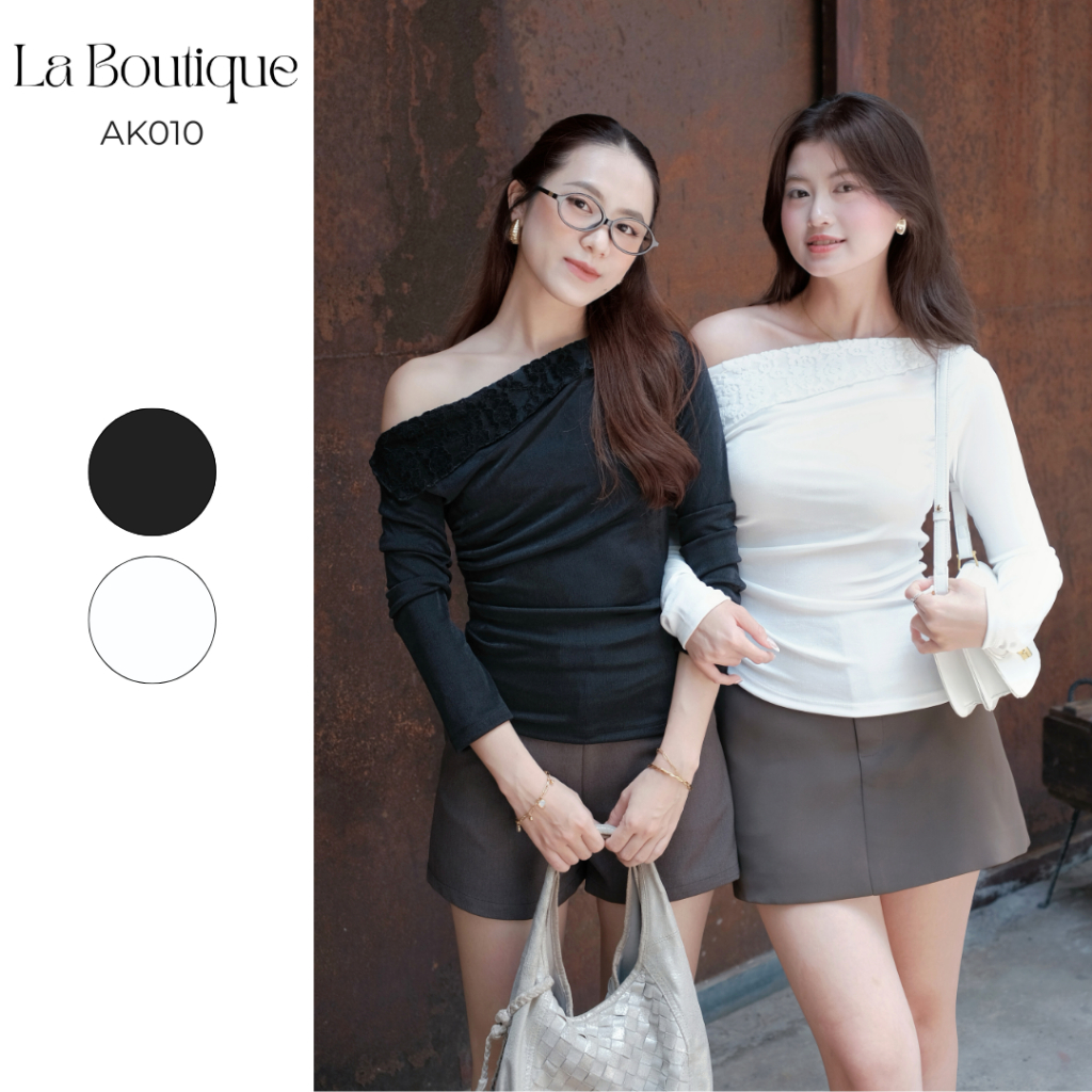 Áo Kiểu Lệch Vai Tay Dài Chất Thun Tăm LA BOUTIQUE Phối Ren Hoa - AK010-2508LAT | BigBuy360 - bigbuy360.vn