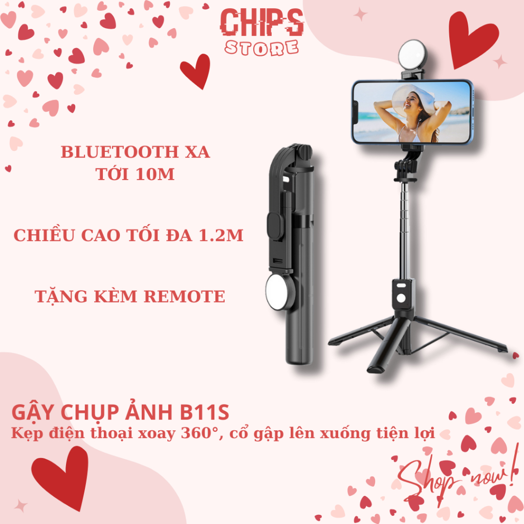 Gậy Chụp Ảnh 3 Chân B11s, Có Đèn Led Trợ Sáng, Tripod Selfie Đa Năng, Quay Video Từ Xa Qua Bluetooth
