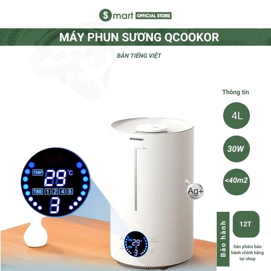 ( BẢN TIẾNG VIỆT) Máy Phun Sương Tạo Ẩm Qcooko- Máy Tạo Ẩm Dung Tích 4L, Ngắt Khi Hết Nước, Phun Sương Đều Công suất 30W