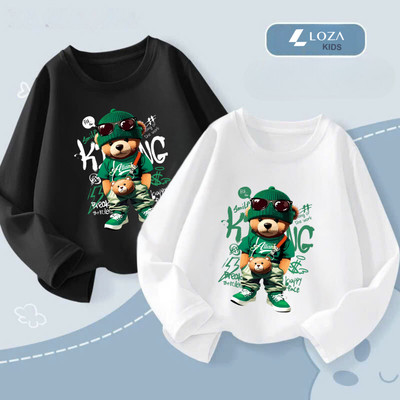 Áo thun dài tay bé trai in gấu King cho bé từ 15-40kg - Áo thu đông trẻ em Loza Kids - KT3250
