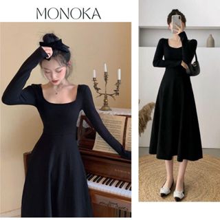  Váy thun ôm body cổ vuông dài tay dáng dài xòe Đầm nữ chất thun gân tôn dáng basic đen vàng bò đơn giản T611G MONOKA 