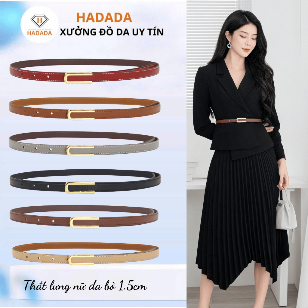 Thắt lưng nữ, đai váy da bò thật HADADA bản nhỏ 1.5cm nhiều màu sắc, mặt khoá cao cấp bóng đẹp DV750
