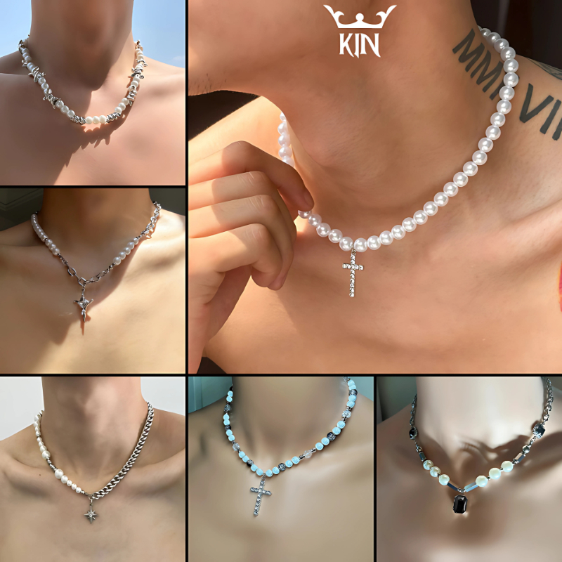 Vòng Cổ Nam Nữ Hot Trend – Dây Chuyền Ngọc Trai Phong Cách Vintage Hiphop Unisex Mặt Dây Chữ Thập Đí