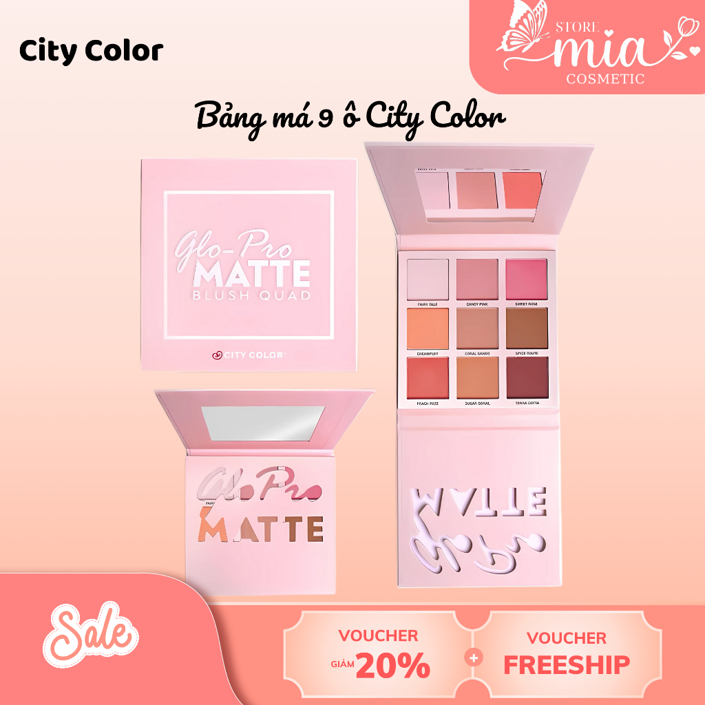 Bảng má hồng 9 ô City Color Glo-Pro Matte, tone màu trẻ trung, lâu trôi sắc nét - Mia Cosmetic