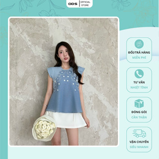  Áo Blue ODS thiết kế cổ tròn tay hến thân trước phối 1 lớp yếm tơ xanh thêu hoa trẻ trung - SID57 