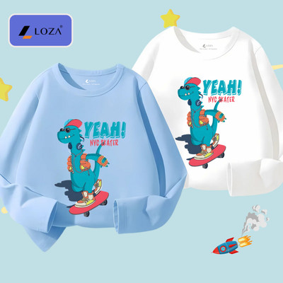 Áo thun dài tay bé trai in khủng long xanh cho bé từ 15-40kg - Áo thu đông trẻ em Loza Kids - KT3251