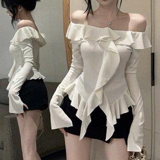  Áo tay dài trễ vai viền bèo gợi cảm áo kiểu nữ ôm body mặc được nhiều kiểu phong cách sexy trẻ trung-A235 