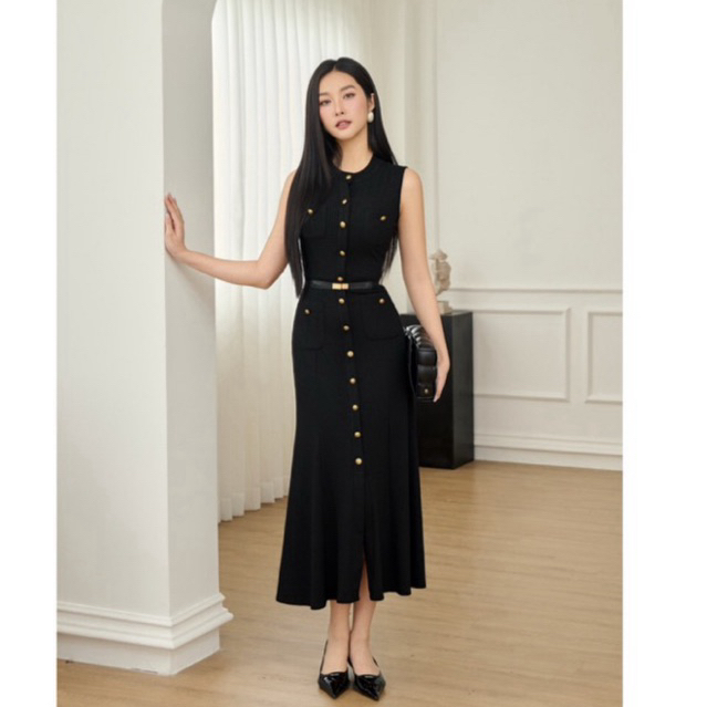 váy thun tăm cao cấp dáng xoè cúc hợp kim Hoivu Fiona dress