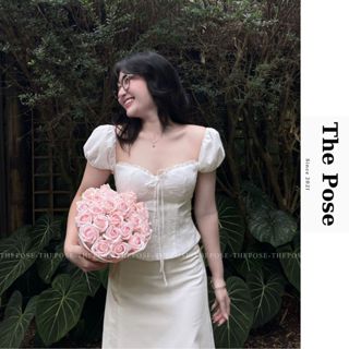  ÁO CỘT NƠ TAY BỒNG TRỄ VAI Phối Ren Nàng Thơ Sẵn Mút Ngực Chất Boi Thêu Có 3 Size S M L - The Pose 