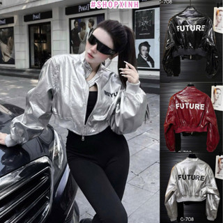  Áo khoác da PU bóng đỏ anh đào độc quyền cho cô nàng cá tính thiết kế chữ cái nổi bật kiểu dáng bomber dành cho nữ mặc m 