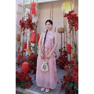 Set áo dài cách tân cổ yếm kèm chân váy lưng chun Ảnh thật/sẵn