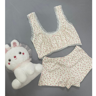    CHE TÊN  Bộ đồ ngủ bản to sexxy quần mini cạp thấp áo ngắn viền ren Nữ họa tiết hoa xanh hồng K2 