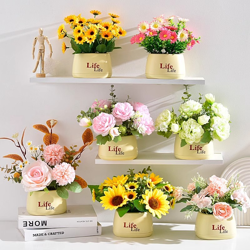Bình hoa giả cắm sẵn để bàn, chậu hoa giả decor trang trí phòng khách, kệ tivi, phòng ngủ, shop