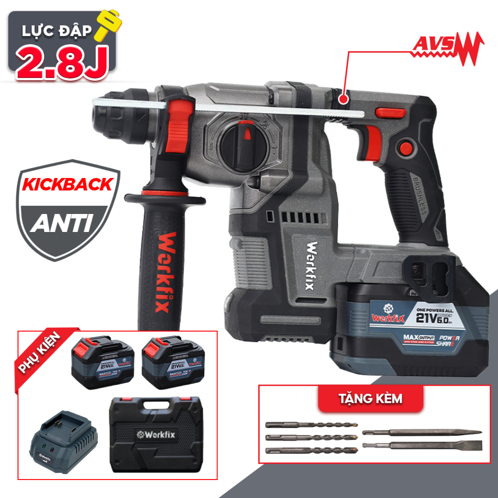  Máy Khoan Bê Tông Pin 13MM Workfix WF-RH2203PRO Không Chổi Than - Máy Khoan Điện Cầm Tay Chuyên Nghiệp Kèm Phụ Kiện 