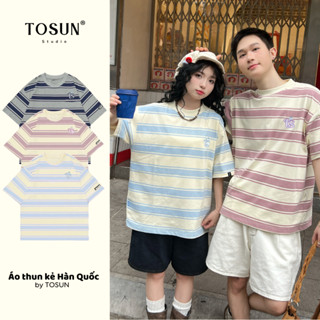 Áo Thun Kẻ Hàn Quốc TOSUN Thêu Logo Basic Form Rộng Unisex T21