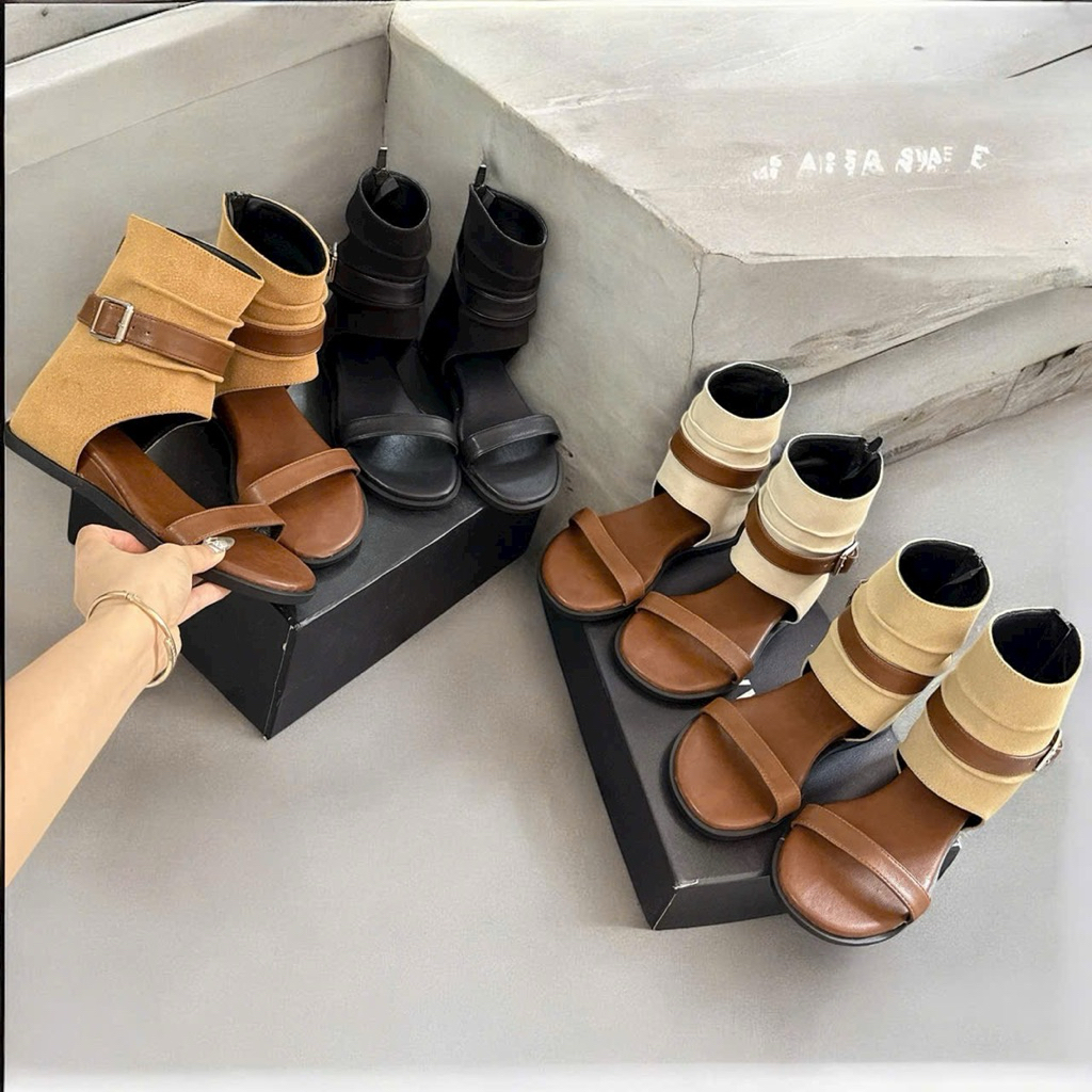 Giày Boot nữ cổ cao đế xuồng 3p ( Form rộng )đai khuy khóa sau tiện lợi, da mịn chất đẹp có khóa kéo sau