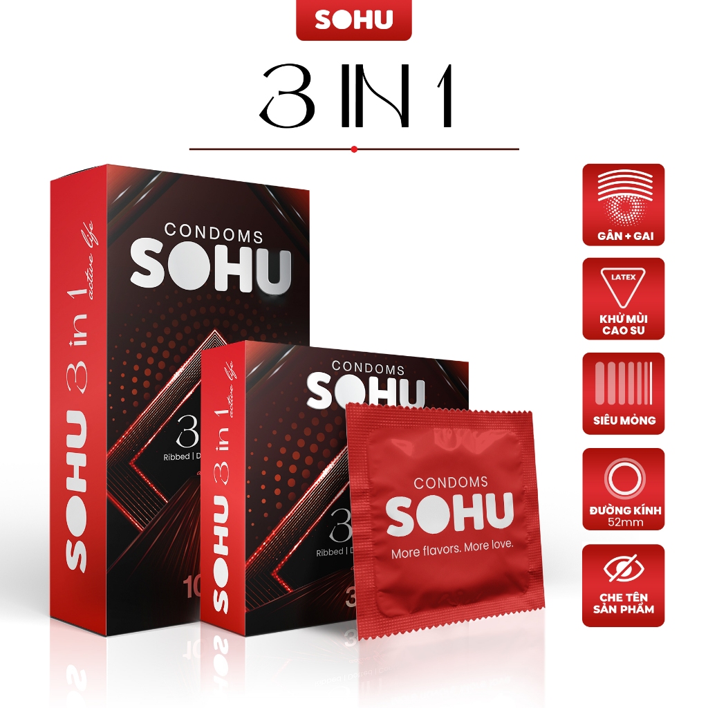 Bao Cao Su SOHU 3in1 Có Gân, Gai, Cổ Thắt Vừa Vặn, Kéo Dài Thời Gian size 52mm