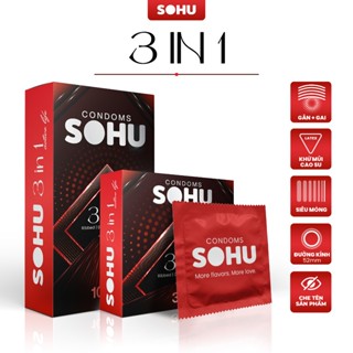 Bao Cao Su SOHU 3in1 Có Gân, Gai, Cổ Thắt Vừa Vặn, Kéo Dài Thời Gian size 52mm