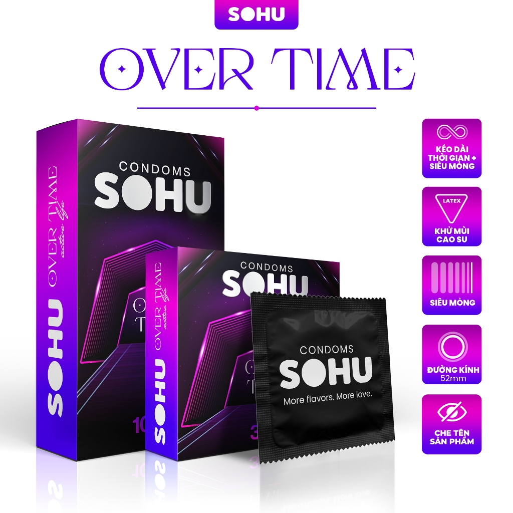 Bao Cao Su SOHU Over Time - Kéo Dài Thời Gian, Nhiều Gel Bôi Trơn, Bao Cao Su Siêu Mỏng size 52mm