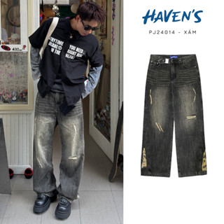 Quần Jeans HAVEN'S unisex dáng suông ống rộng rách gối đinh gấu thiết kế HAVEN'S chất Denim cao cấp 