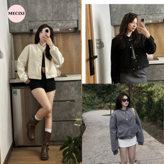 Áo Khoác Bomber Nỉ Bông Cúc Bấm Mecixi Dạ Ép Dáng Croptop Nữ Thu Đông Dày Dặn T016