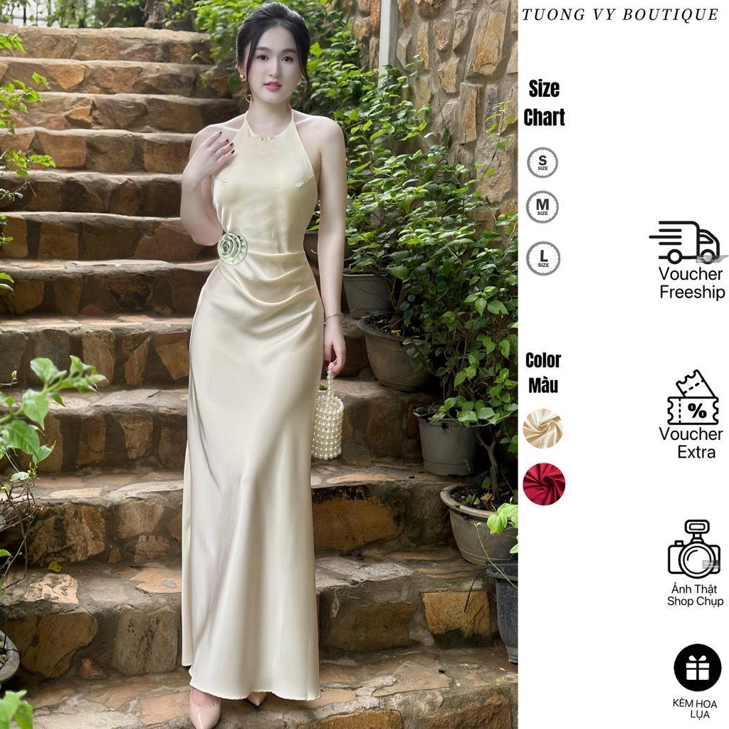 (Nút Gài Sau+Hoa ) Váy Lụa Sang chảnh Dự Tiệc Cưới Xếp ly Hở Lưng Phối Dây Cột Dáng Dài Sang trọng