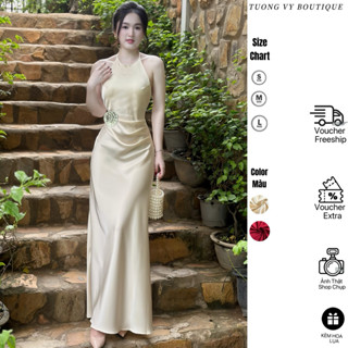 (Nút Gài Sau+Hoa ) Váy Lụa Sang chảnh Dự Tiệc Cưới Xếp ly Hở Lưng Phối Dây Cột Dáng Dài Sang trọng