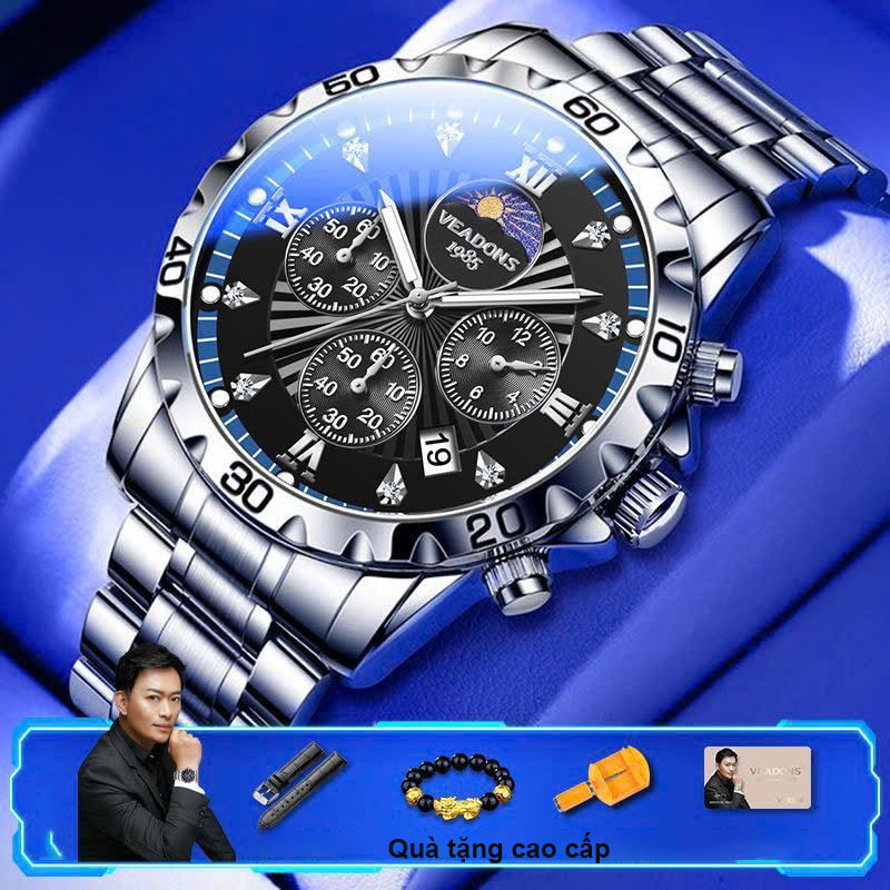 VEADONS Đồng hồ nam chính hãng dây thép không gỉ - Đồng hồ Veadons chạy full 6kim đa chức năng