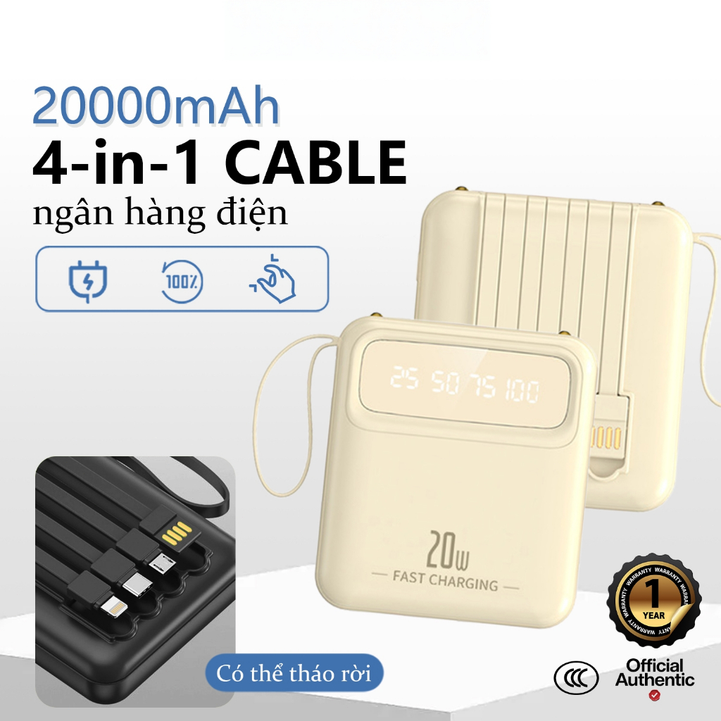 Sạc dự phòng dung lượng lớn 20000 mAh,Sạc dự phòng di động kèm cáp sạc có phích cắm bốn dây