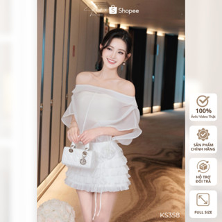 Set đầm tiệc tơ trắng Khiết Style form trễ vai tầng bèo, thiết kế phối hoa 3D đi kèm áo ống sang trọng KS358