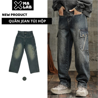 Quần jean nam túi hộp cargo pants XMALAB quần bò nam ống rộng màu xanh rêu đẹp phong cách retro B127