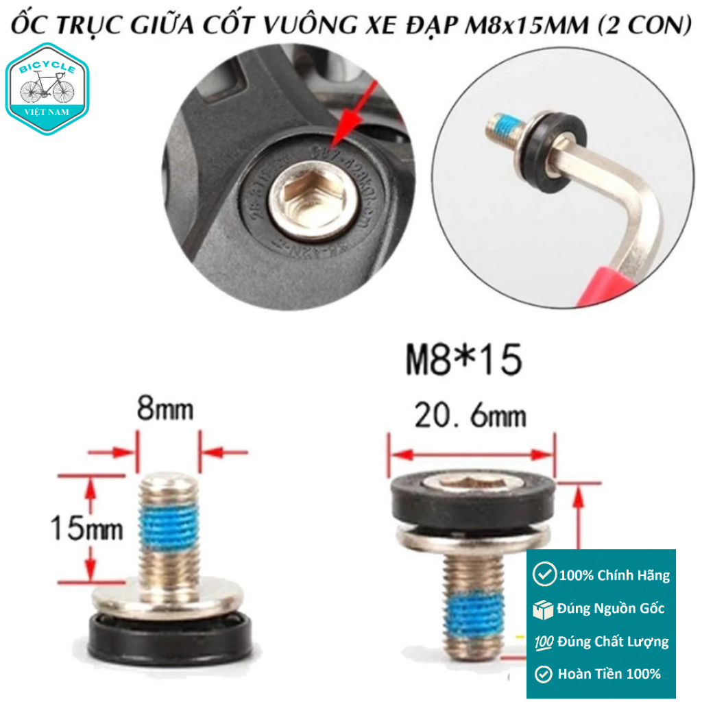 Ốc Trục Giữa Cốt Vuông Xe Đạp M8x15 – 2 Con, Thép Mạ Chống Gỉ, Có Ron Nhựa