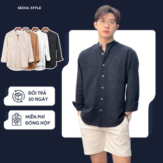 Áo sơ mi nam cổ trụ 2 túi dài tay vải Linen cao cấp phom dáng trẻ trung, thanh lịch - SEOUL