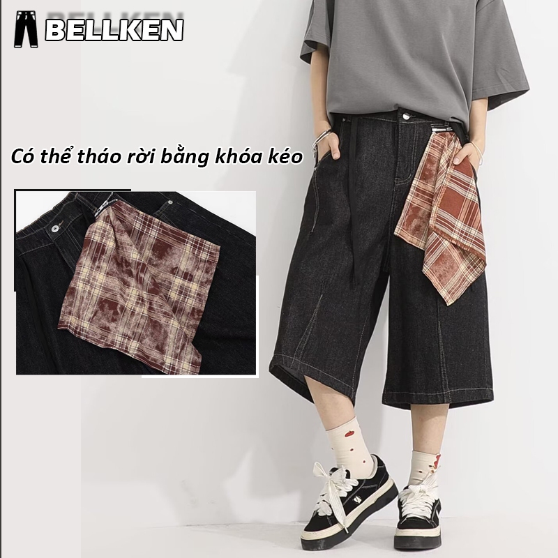  Quần Short Sọt đùi Lửng Ngố Jean bò Nam nữ Đen baggy ống rộng Quần Wide Leg Short Jeans Nam Ống Rộng Quần Jeans Short 